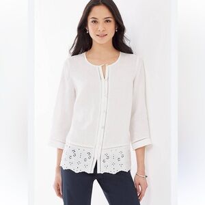 J Jill Love Linen Shirt Womens L White Button Front Eyelet Lace Hem Top